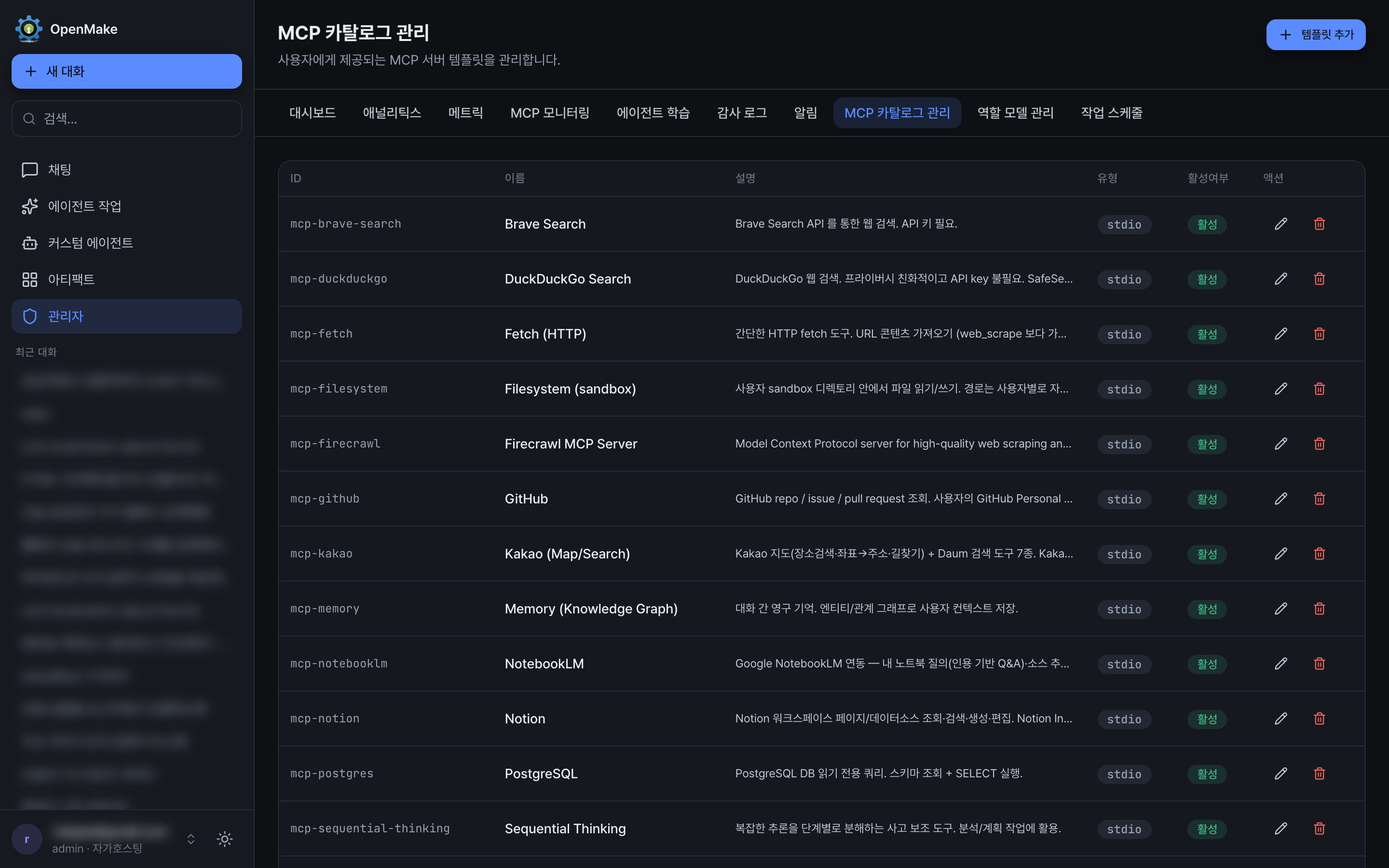 Admin MCP catalog management page