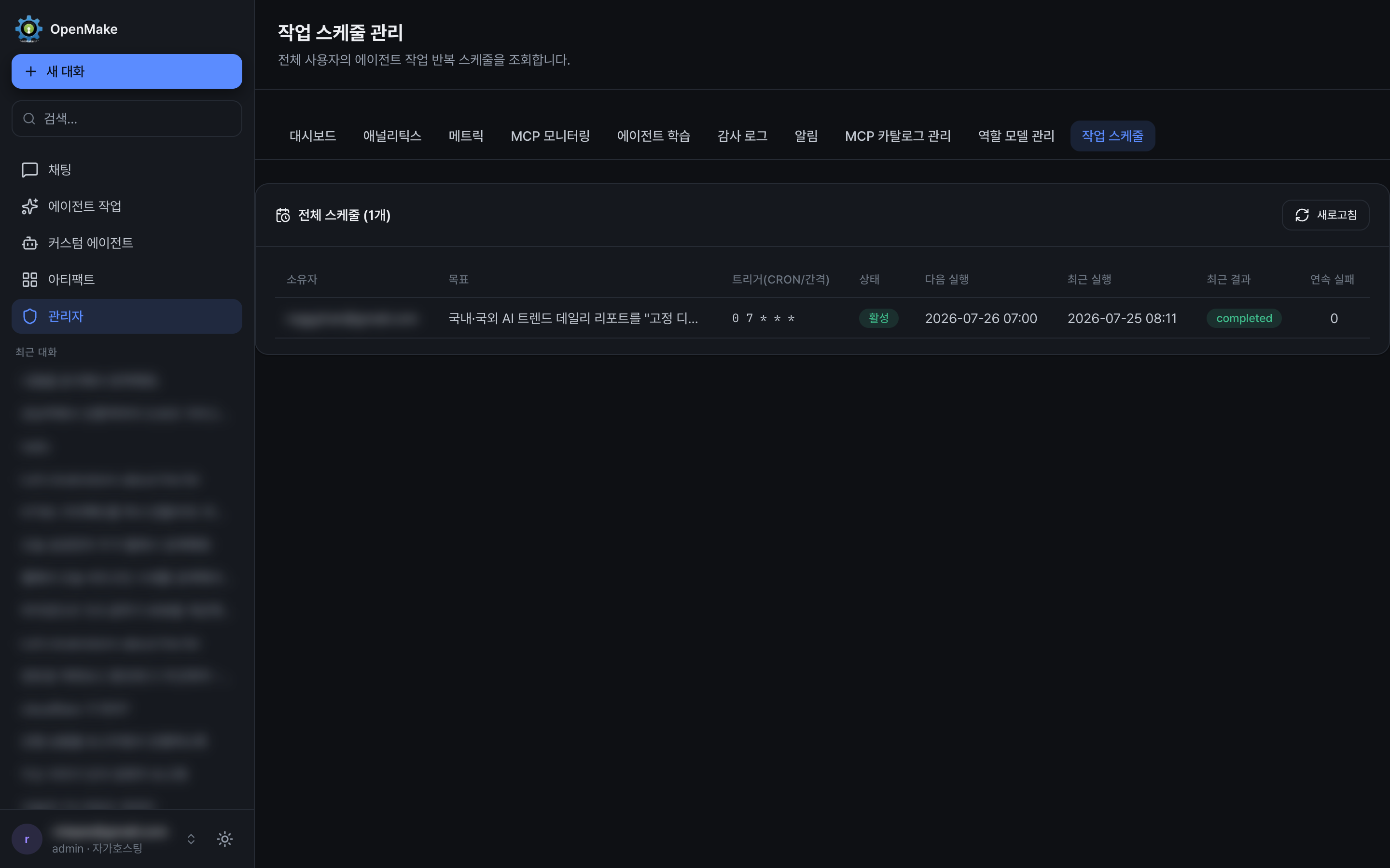 Admin task schedules page listing recurring agent tasks across all users