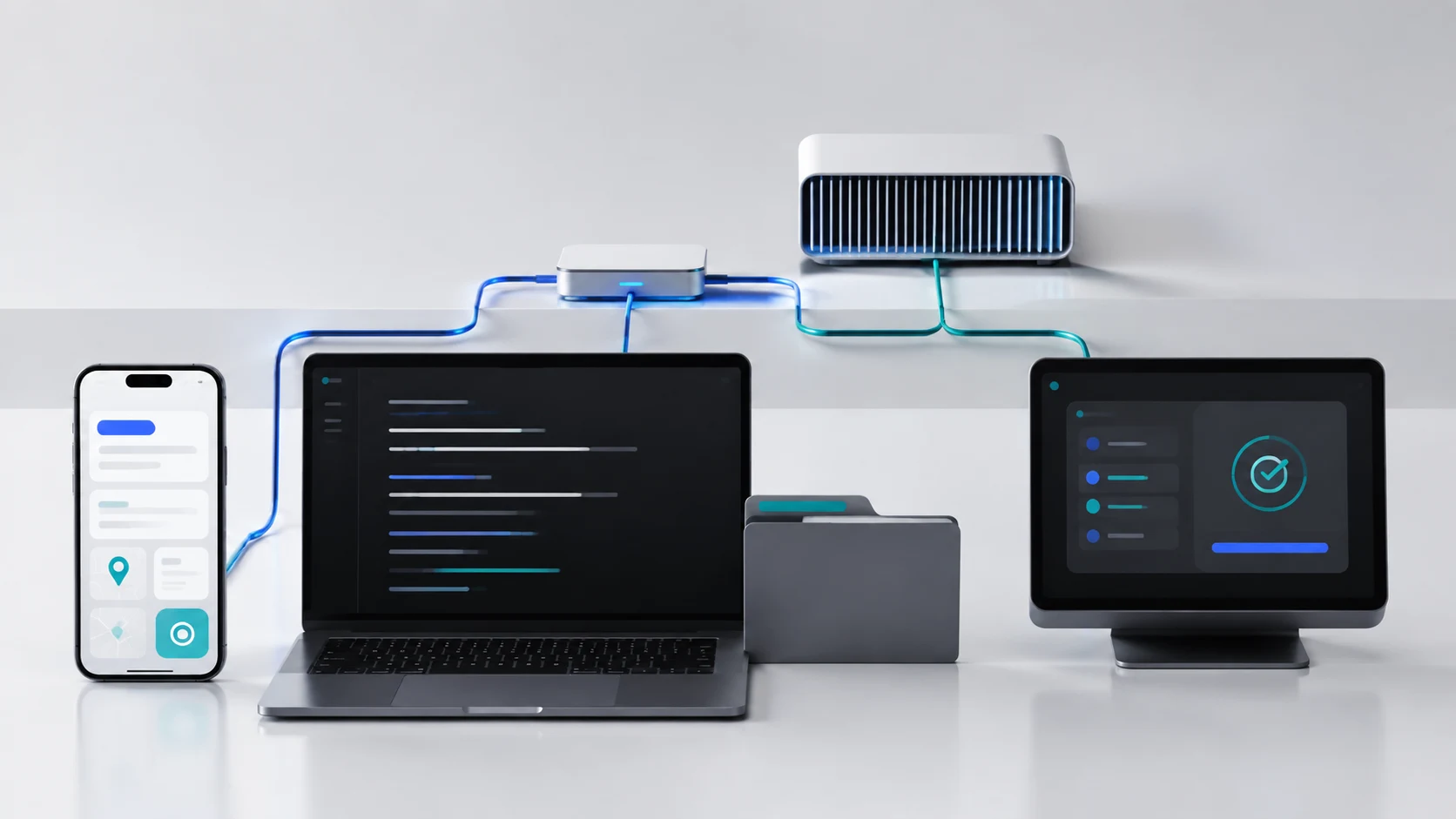 W34 illustration connecting mobile answers, a local CLI, and a native desktop companion through one model gateway