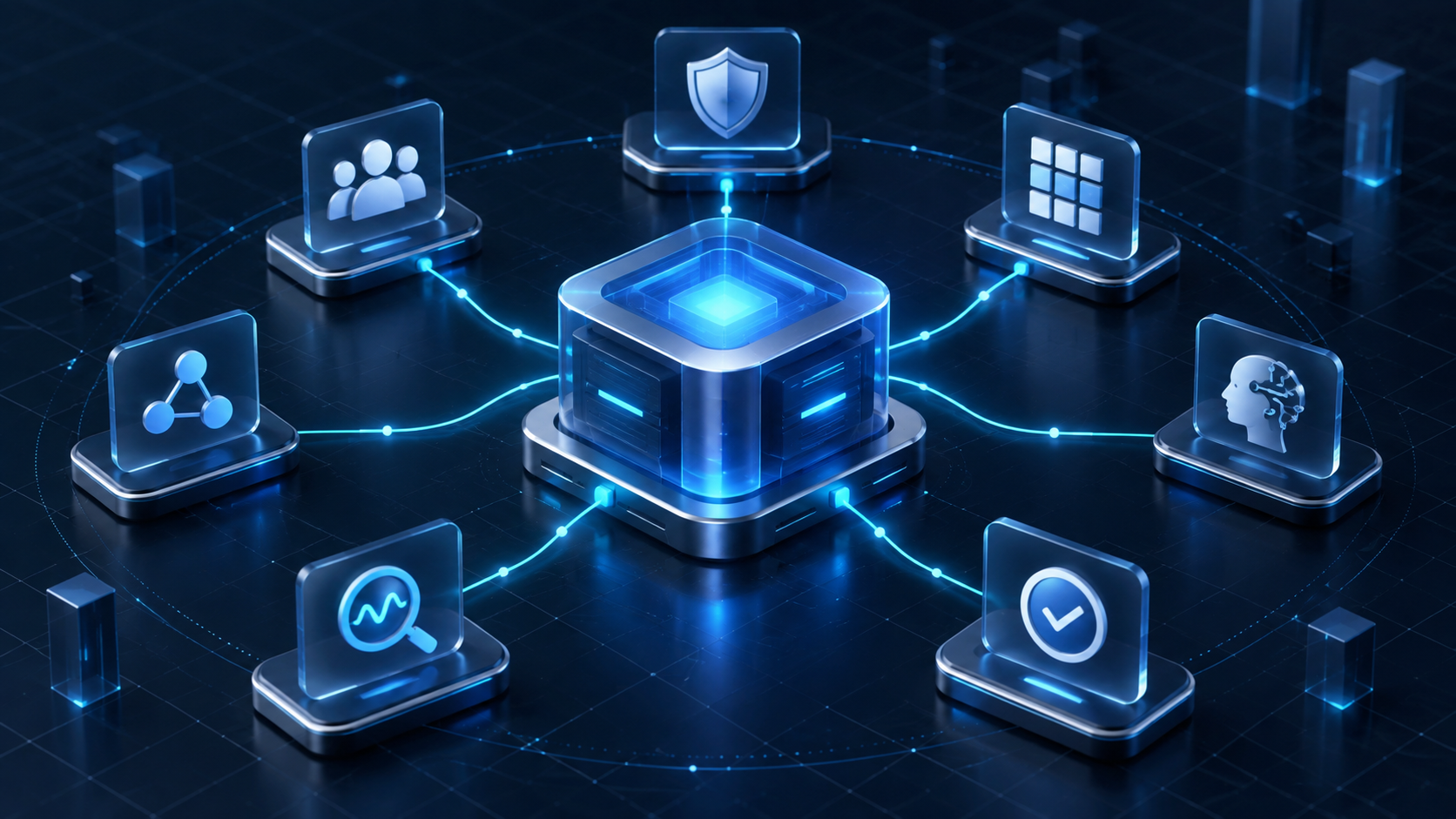W38 illustration of an add-on core connected to organization controls, permissions, cost, search, and model verification modules